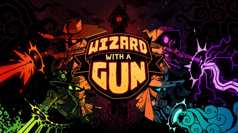 The logo for Wizard With A Gun, with four wizards shooting fire, ice, poison, and tentacles from different firearms.