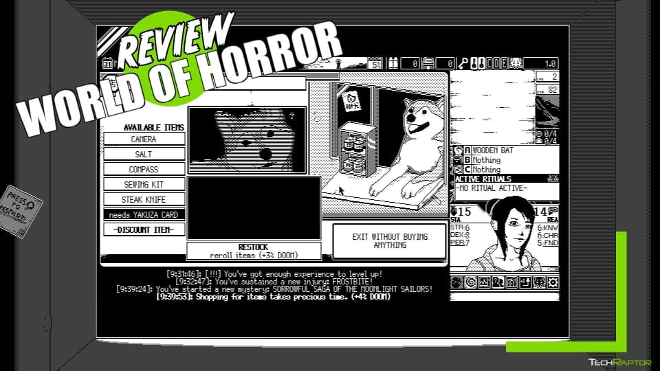 The Shop screen from World of Horror with the TR Review Overlay