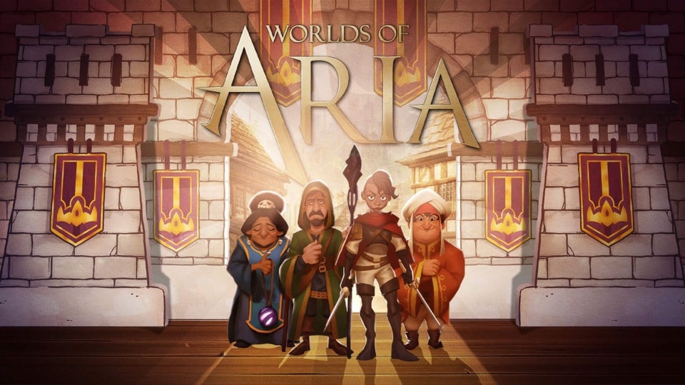 Four characters against a castle backdrop in key art for Worlds of Aria