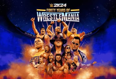 A spread-shot cover of WWE 2k24, showcasing several of WWE's iconic wrestlers and characters in a key art to celebrate Wrestlemania's 40th anniversary.