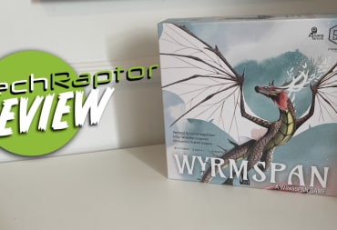 An image of the Box Art for Wyrmspan, featuring the board game box and a button that reads TechRaptor Review.