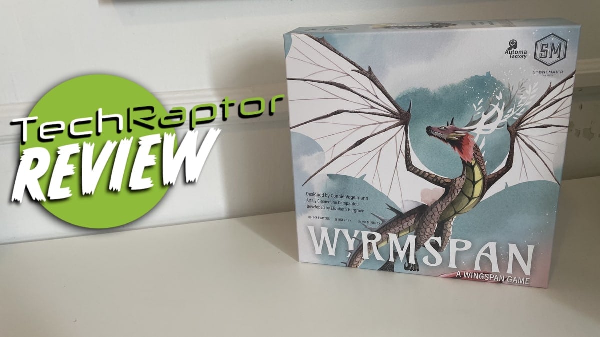 An image of the Box Art for Wyrmspan, featuring the board game box and a button that reads TechRaptor Review.