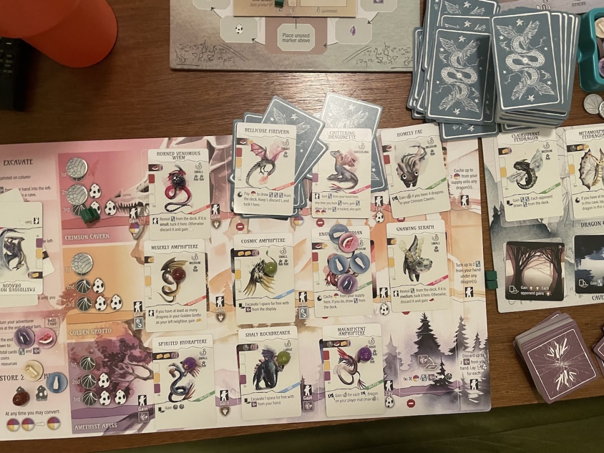 An image from our Wyrmspan Review showing off a completed board at the end of the game