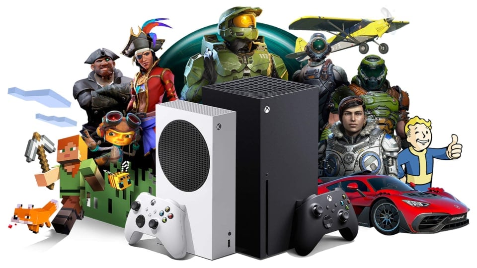 The two Xbox Series models and many characters from games that are available via Xbox Game Pass