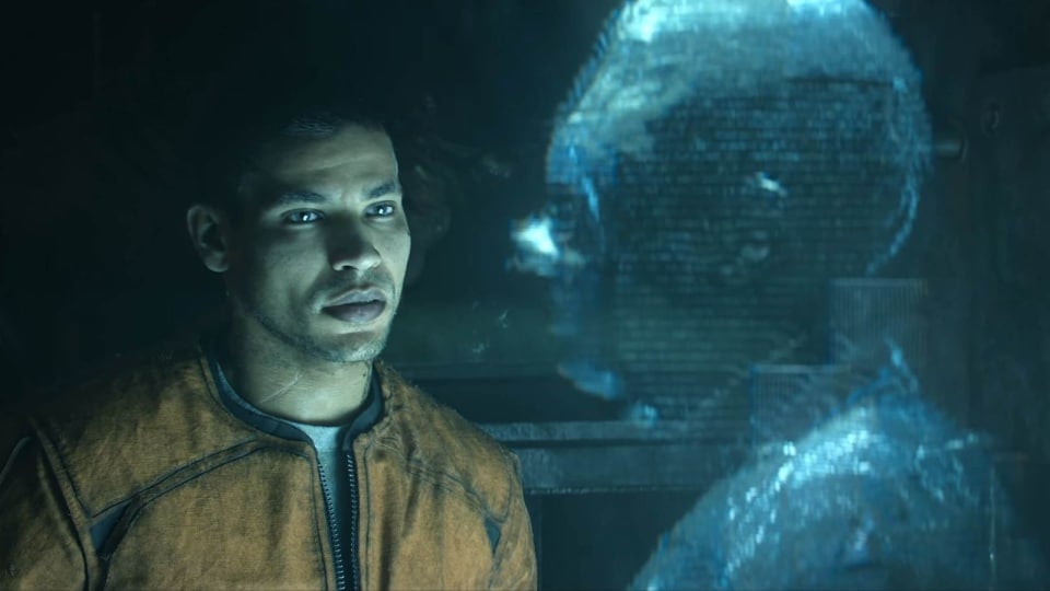 A character looking at a hologram in The Callisto Protocol, part of the Xbox Game Pass June 2024 lineup