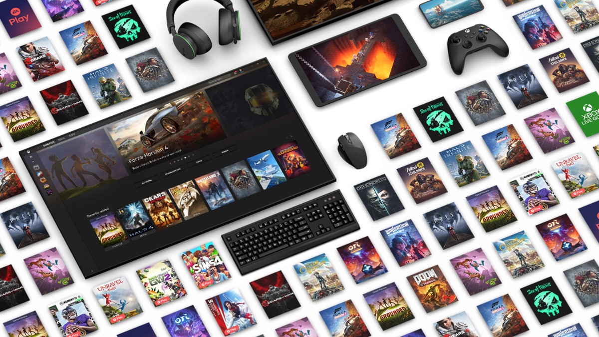 A tiled view of games available on Xbox Game Pass, as well as some of the devices on which you can access the service