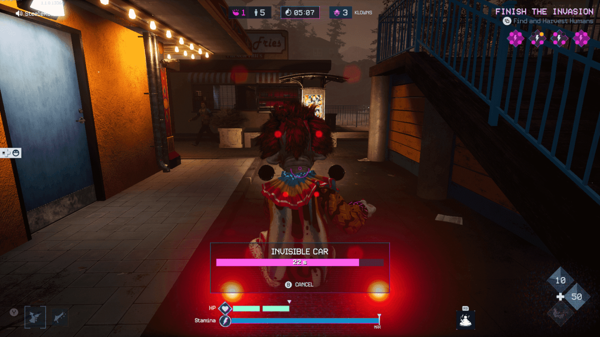 An in-game screenshot of Killer Klowns from Outer Space: The Game, showcasing a Klown driving around the map in an invisible car.