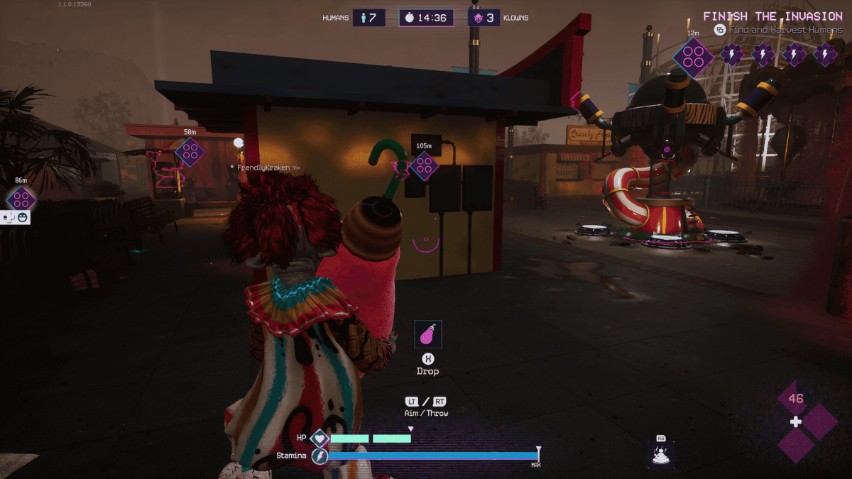 An in-game screenshot of Killer Klowns from Outer Space: The Game, showcasing a Klown preparing to hook a cotton candy cocoon to a generator inside a fairground.