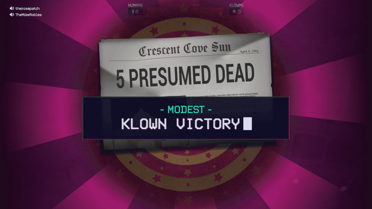 The end result screen of Killer Klowns from Outer Space: The Game, showcasing the game declaring a "Modest Klown Victory"