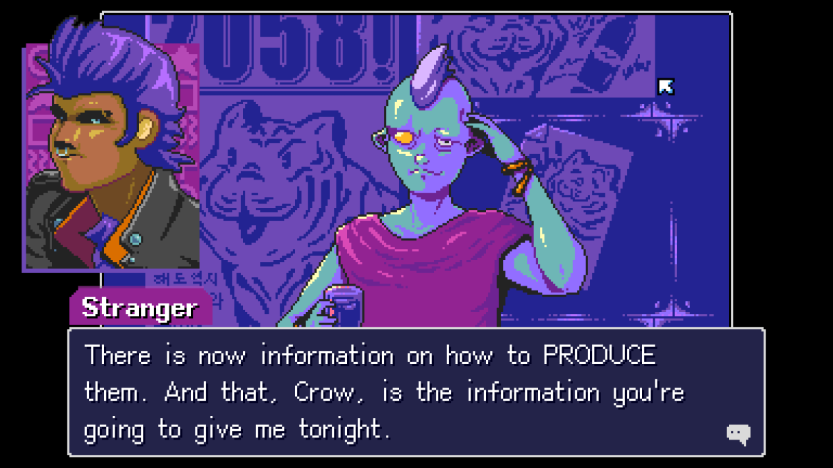 An in-game screenshot of Read Only Memories: NEURODIVER, showcasing the character crow converging with a rogue esper inside a bar.