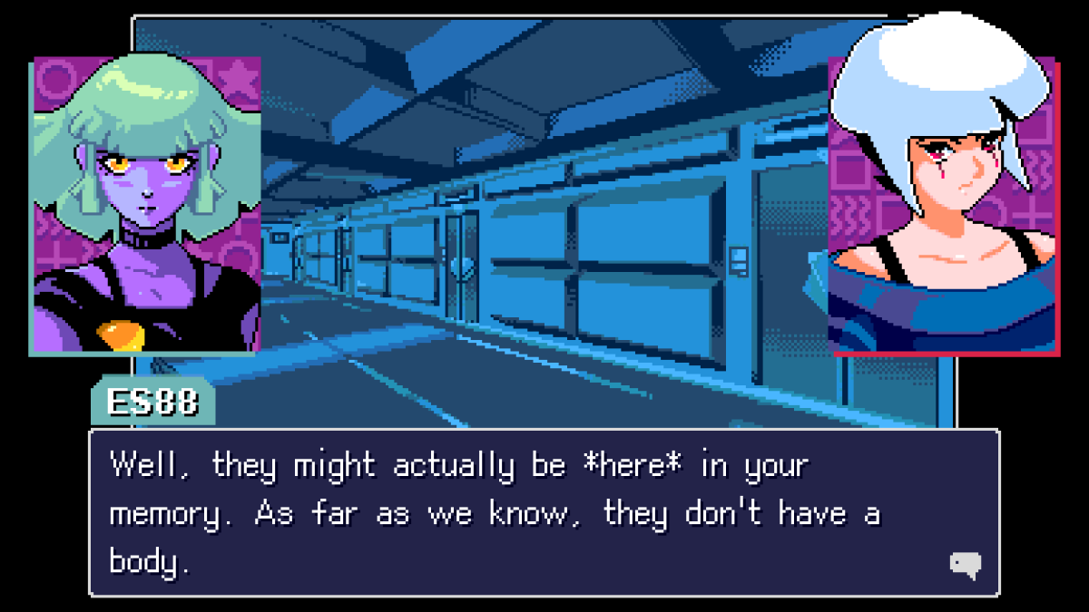 An in-game screenshot of Read Only Memories: NEURODIVER, showcasing the characters ES88 and Lexi Rivers in a discussion.