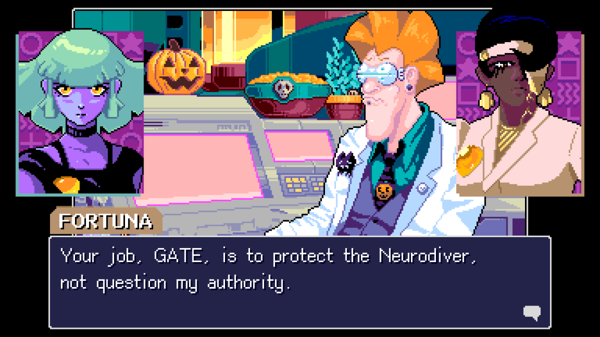 An in-game screenshot of Read Only Memories: NEURODIVER, showcasing the characters ES88, Fortuna, and Harold in a debate with one another.